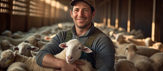 A man is smiling while holding a sheep in front of a herd of goats during a livestock event. He is wearing a fawncolored hat and sharing a moment with his dog breed