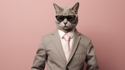 Anthropomorphic cat in business suit at corporate office, studio shot on plain wall with copy space.