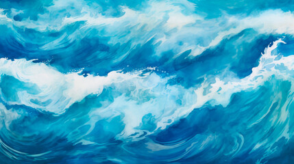 This painting portrays a vibrant blue ocean, where white waves energetically crash against the shore, creating a scene life and dynamism, reflecting the ocean's lively spirit. Banner. Copy space.