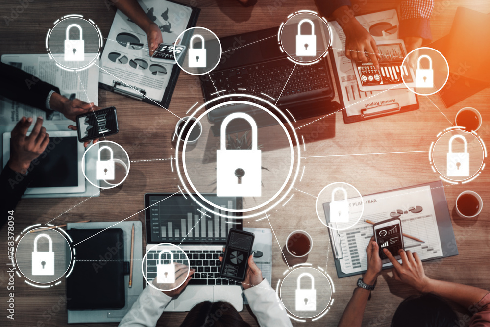 Poster cyber security and digital data protection concept. icon interface showing secure firewall technolog