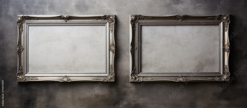 Poster two empty picture frames made of wood and glass are symmetrically hanging on a wall inside a buildin