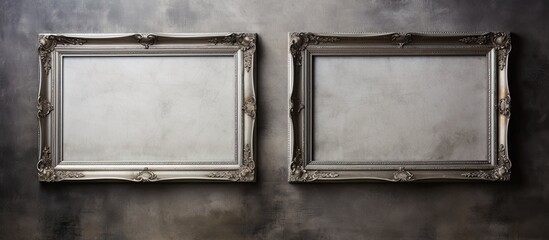 Two empty picture frames made of wood and glass are symmetrically hanging on a wall inside a building. The frames are in a grey color and rectangular in shape