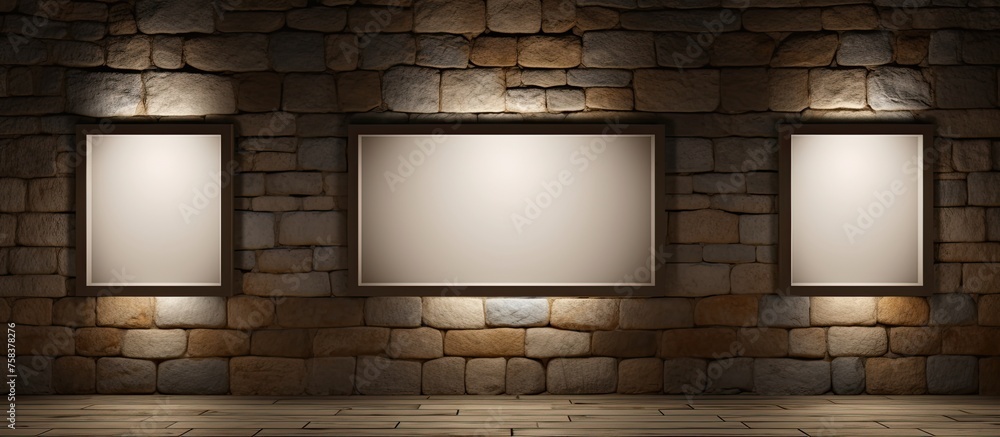 Poster three empty rectangular frames are displayed on a stone wall of a building. the symmetry of the fixt