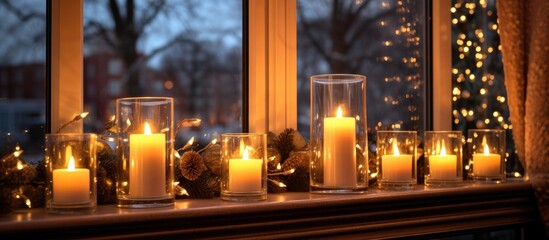 Fototapeta na wymiar A festive display on the window sill with candles glowing in amber light, casting a warm glow in the room. The wax slowly melting in the candle holders, creating a cozy atmosphere for the event