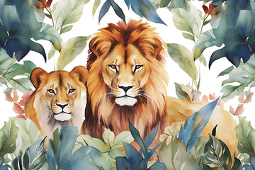 background two watercolor lions flowers tropical bottom leaves surrounded a painting orange green flowers leaves white blue - obrazy, fototapety, plakaty