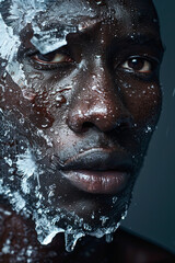 A handsome model face is covered with ice