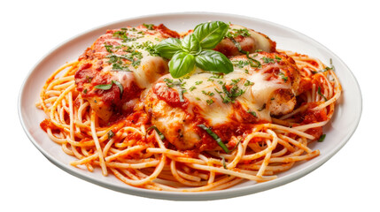 Chicken Parmesan Spaghettion a plate isolated on transparent png background. Generative ai 