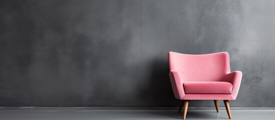 Pink chair in front of grey wall on black floor.