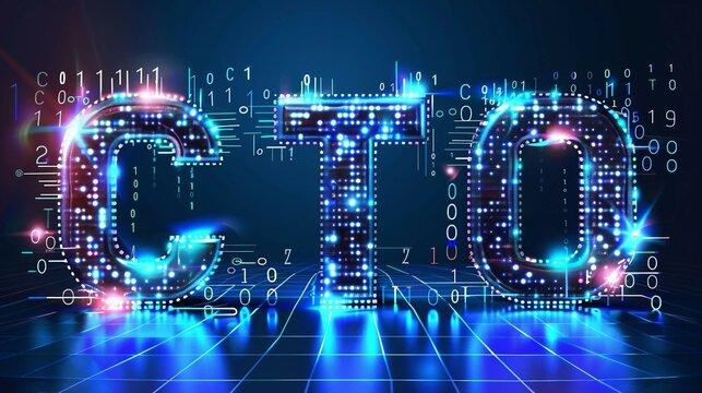 blue matrix binary code forms the acronym CTO , symbolizing the concept of Chief Technology Officer.
