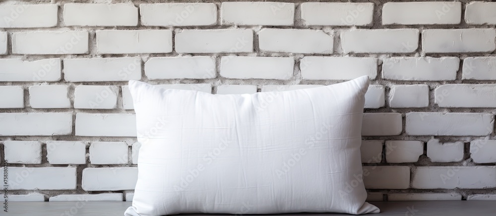 Poster a white pillow rests on the floor in front of a grey brick wall, creating a contrast between the sof