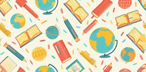 Seamless display of school essentials: Pencils, books, and globes in repeating pattern.