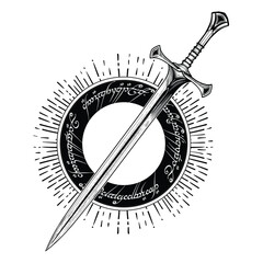 Lord Rings - sword - with Ring magic , vector - obrazy, fototapety, plakaty