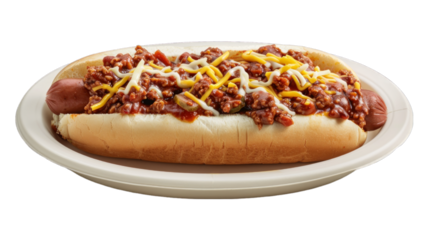 Chili Cheese Dog on a plate isolated on transparent png background. Generative ai 