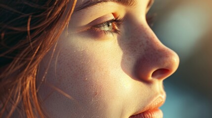 Close-up portrait of a young beautiful woman with freckles on her face. Soft day light.