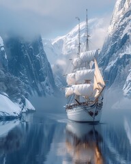 Magnificent  historical schooner sailing in the ocean - obrazy, fototapety, plakaty