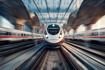 Front view of a high speed train coming toward the camera - obrazy, fototapety, plakaty