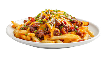 Chili Cheese Fries on a plate isolated on transparent png background. Generative ai 