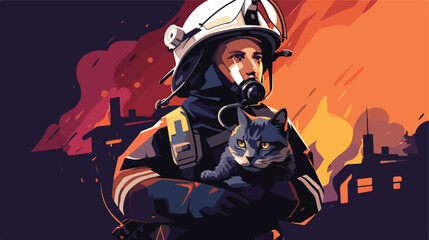 A firefighter bravely rescuing a cat from a burning
