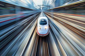 Fototapeta premium Front view of a high speed train coming toward the camera