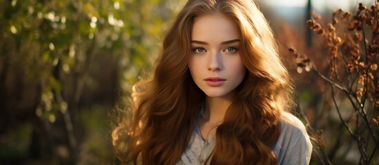 Fototapeta premium A happy woman with long red hair is standing in a park, looking at the camera surrounded by green grass and trees