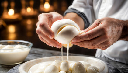 Close-up of a chef's hands expertly stretching fresh mozzarella cheese on a marble countertop, with a warm ambient lighting in the background, highlighting the art of cheese making.