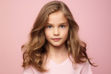 Portrait of a beautiful little girl with long hair on a pink background.
