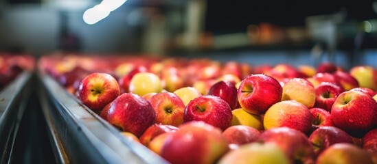 Freshly washed apples on a production line for sorting and selecting organic fruits and vegetables. Distribution and export of domestic apples.