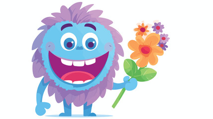 A friendly monster holding a flower and smiling per
