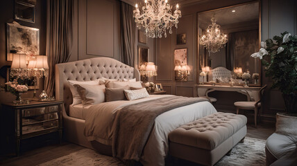 A sumptuously furnished bedroom featuring a plush bed, and vintage decor creating a serene ambiance - Generative AI