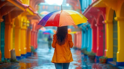 Woman with Colorful Umbrella on Vibrant Street. Generative ai