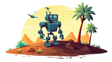 A friendly robot planting a tree on a barren alien