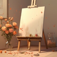 easel with flowers on a table