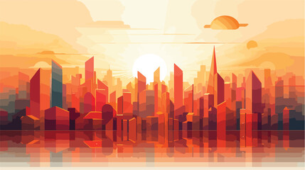 A geometric cityscape bathed in the warm glow 