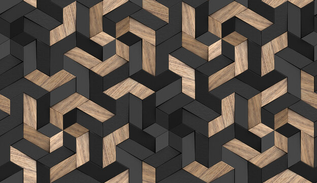 3D Wallpaper mosaic of solid wood particles and black painted elements