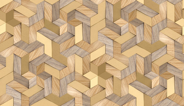 3D Wallpaper mosaic of solid wood particles and luxury golden metalic elements