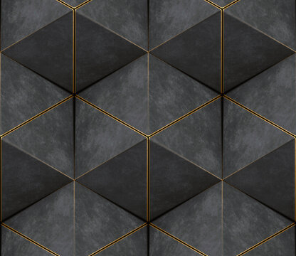 3D wall of gray triangles with gold edges in the loft style assembled in hexagons and seamless ornament