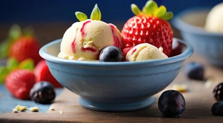 Vanilla Ice Cream Scoops with Berries on a Summery Dessert Platter