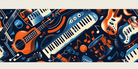 Rhythmic Instrument Tapestry: Seamless tile pattern showcasing guitars, pianos, and drums, woven into a rhythmic tapestry.