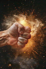 A closeup shot of a fist up in the air to fight for your right