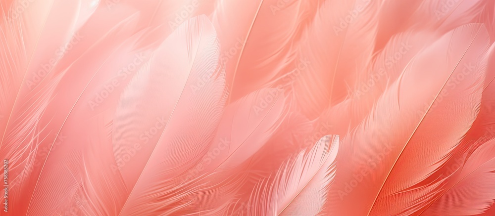 Poster a macro photograph showcasing the intricate pattern of pink and white feathers on a white background