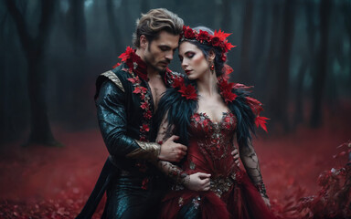 AI generated romantic portrait of a couple with a man and a woman in red fantasy floral outfit in a dark forest 