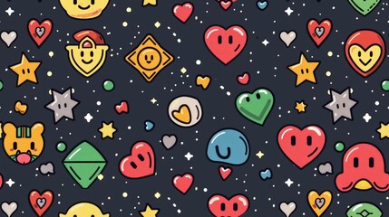 Nostalgic Pixel Adventure: Seamless pattern featuring nostalgic pixel art hearts, stars, and beloved video game characters for a playful adventure.