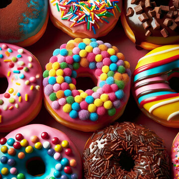Close-up image of a colorful assortment of donuts with various fillings. Donuts are placed on a plain background.