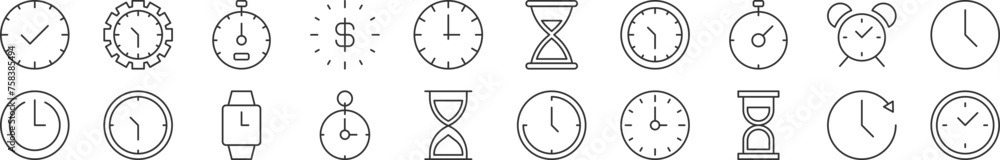Poster collection of thin line icons of clock as time. editable stroke. simple linear illustration for web 