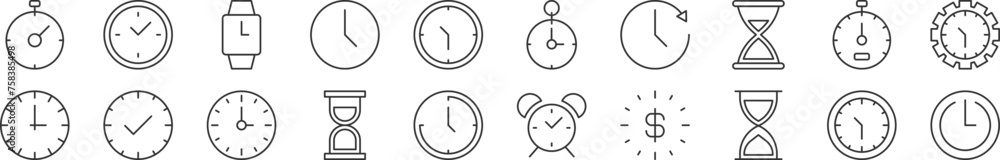 Poster set of line icons of clock as time. editable stroke. simple outline sign for web sites, newspapers, 