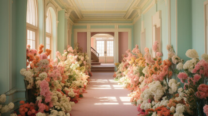 An elegant hallway flooded with fresh spring flowers on a sunny day, evoking a sense of special occasions, celebrations, and the essence of Valentine's Day.