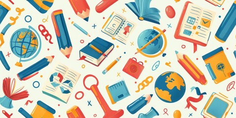 Scholarly Arrangement: Repeating Seamless Pattern Featuring School Pencils, Books, and Globes - obrazy, fototapety, plakaty