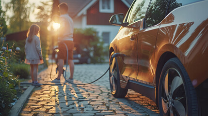 Electric vehicle recharging at home charging station, Father with children, charging electric car, Eco power. electric vehicle charging station with power cable supply plugged station, Generative Ai  - obrazy, fototapety, plakaty