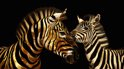 Fototapeta na wymiar portrait of zebra with gold texture on black background 