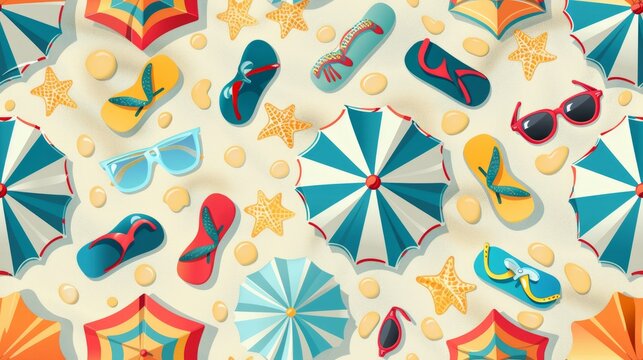 Sandy Retreat: Seamless Pattern with Beach Umbrellas, Sunglasses, and Flip-Flops on Sandy Beach